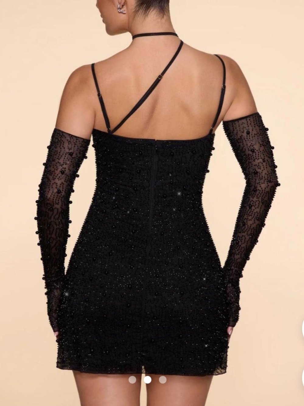Oh Polly Black Beaded One-Shoulder Mini Dress with sleeves - Picture 2 of 4